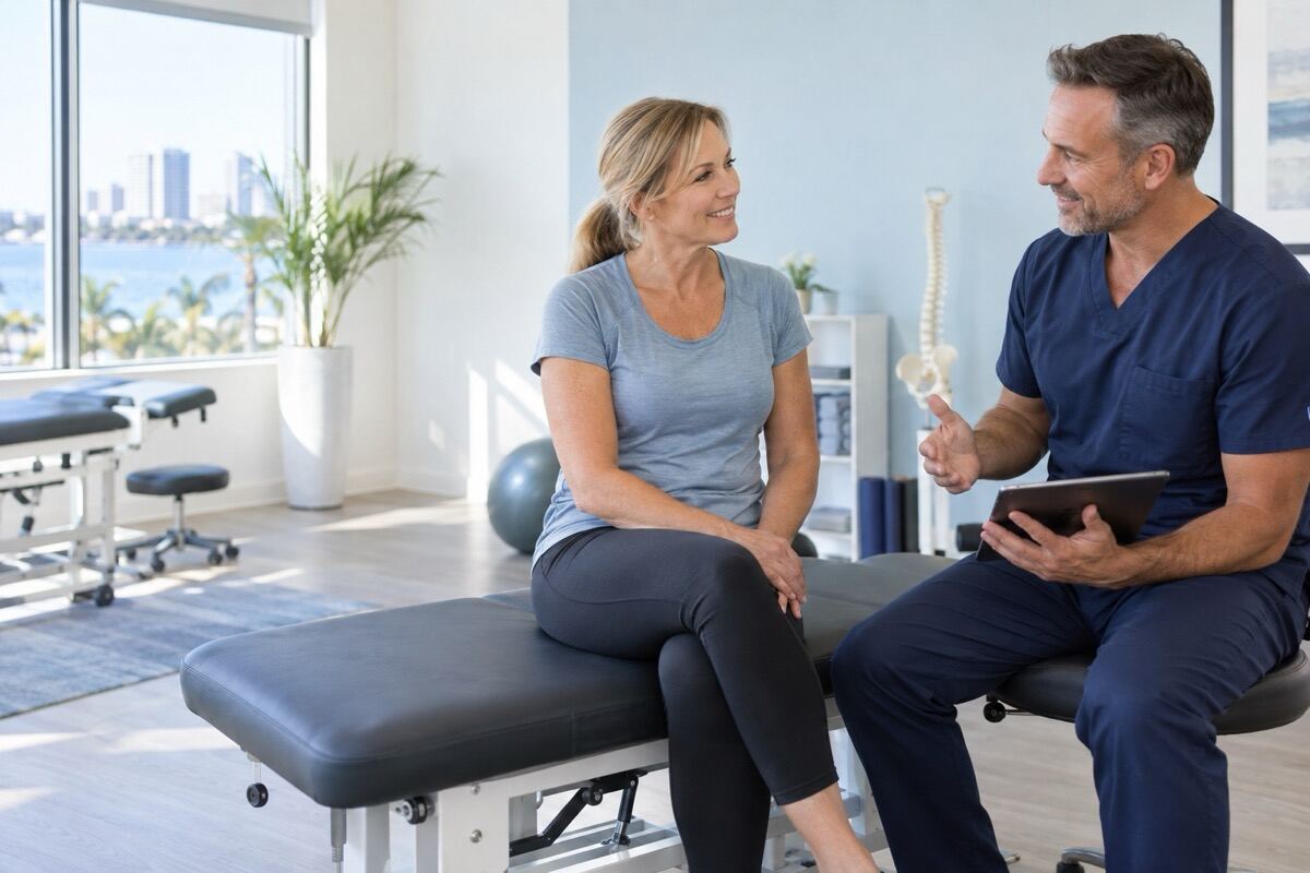 A chiropractor listening to a patient during a consultation